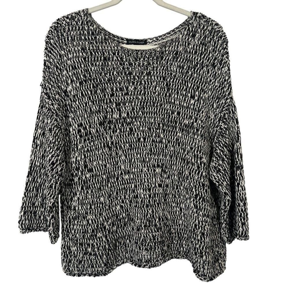 Eileen Fisher Open Knit Sweater Top size Large Black White 3/4 Sleeve Cotton